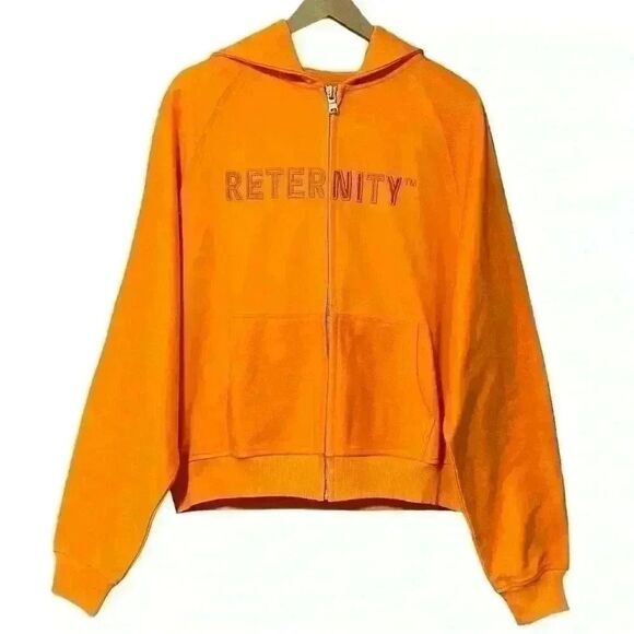 RETERNITY Raglan Zip Hoodie S Orange Luxury Streetwear Spell-Out Pockets NWT - Picture 3 of 13
